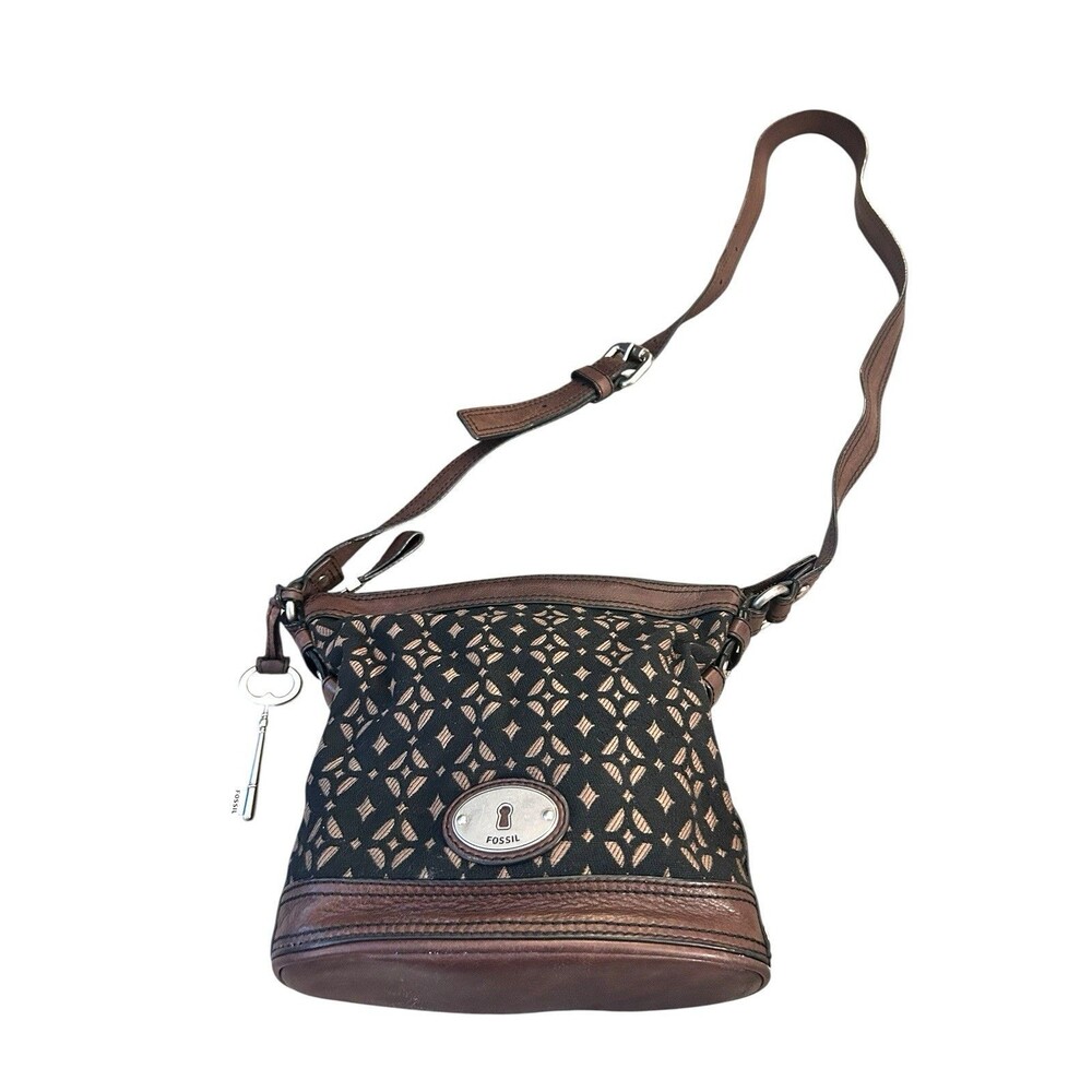 Fossil Maddox Brown Black Leather Trim Print Bucket Crossbody Bag Shoulder Purse